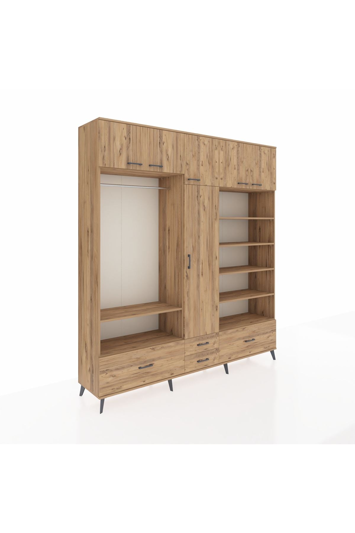 Hyperion Dolap 18 Raflı 4 Çekmeceli Tek Askılı 220x44x243 Çam-Çam/Çam