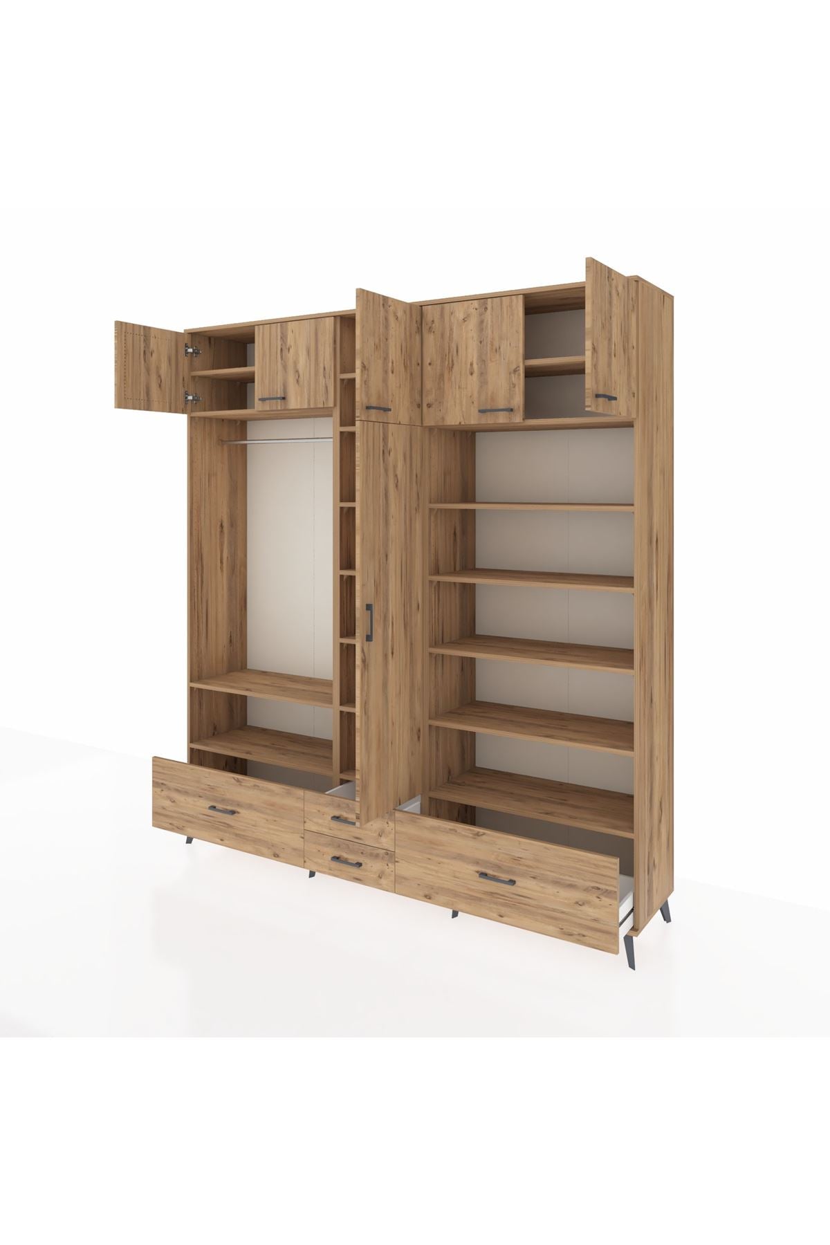 Hyperion Dolap 18 Raflı 4 Çekmeceli Tek Askılı 220x44x243 Çam-Çam/Çam