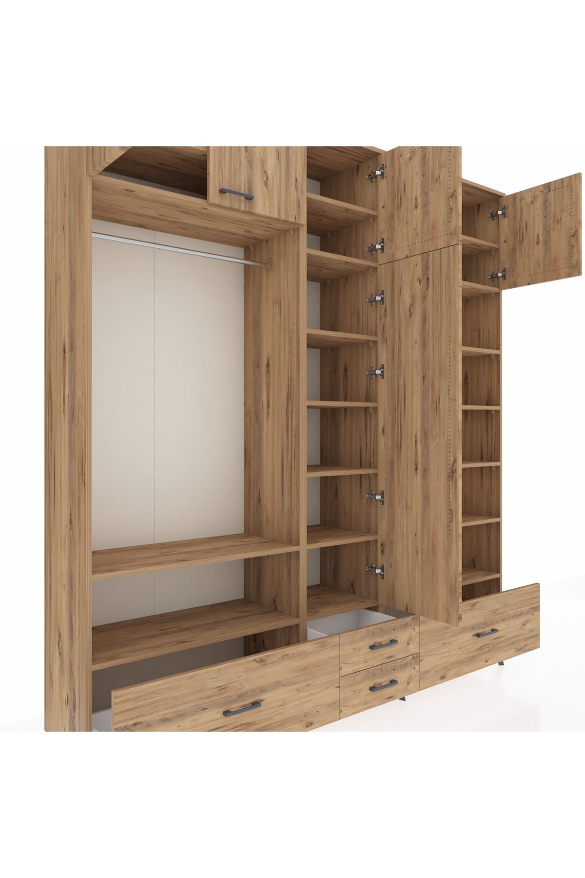 Hyperion Dolap 18 Raflı 4 Çekmeceli Tek Askılı 220x44x243 Çam-Çam/Çam