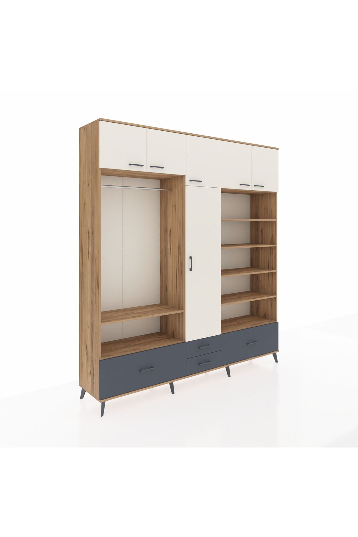 Hyperion Dolap 18 Raflı 4 Çekmeceli Tek Askılı 220x44x243 Çam-Aytaşı/Antrasit