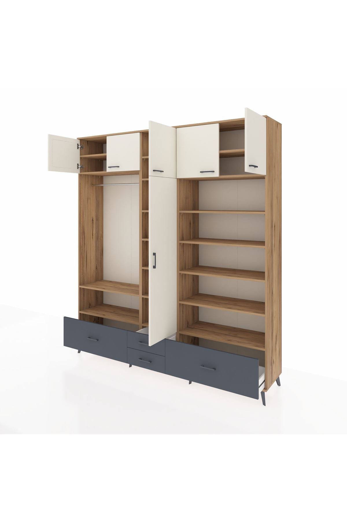 Hyperion Dolap 18 Raflı 4 Çekmeceli Tek Askılı 220x44x243 Çam-Aytaşı/Antrasit