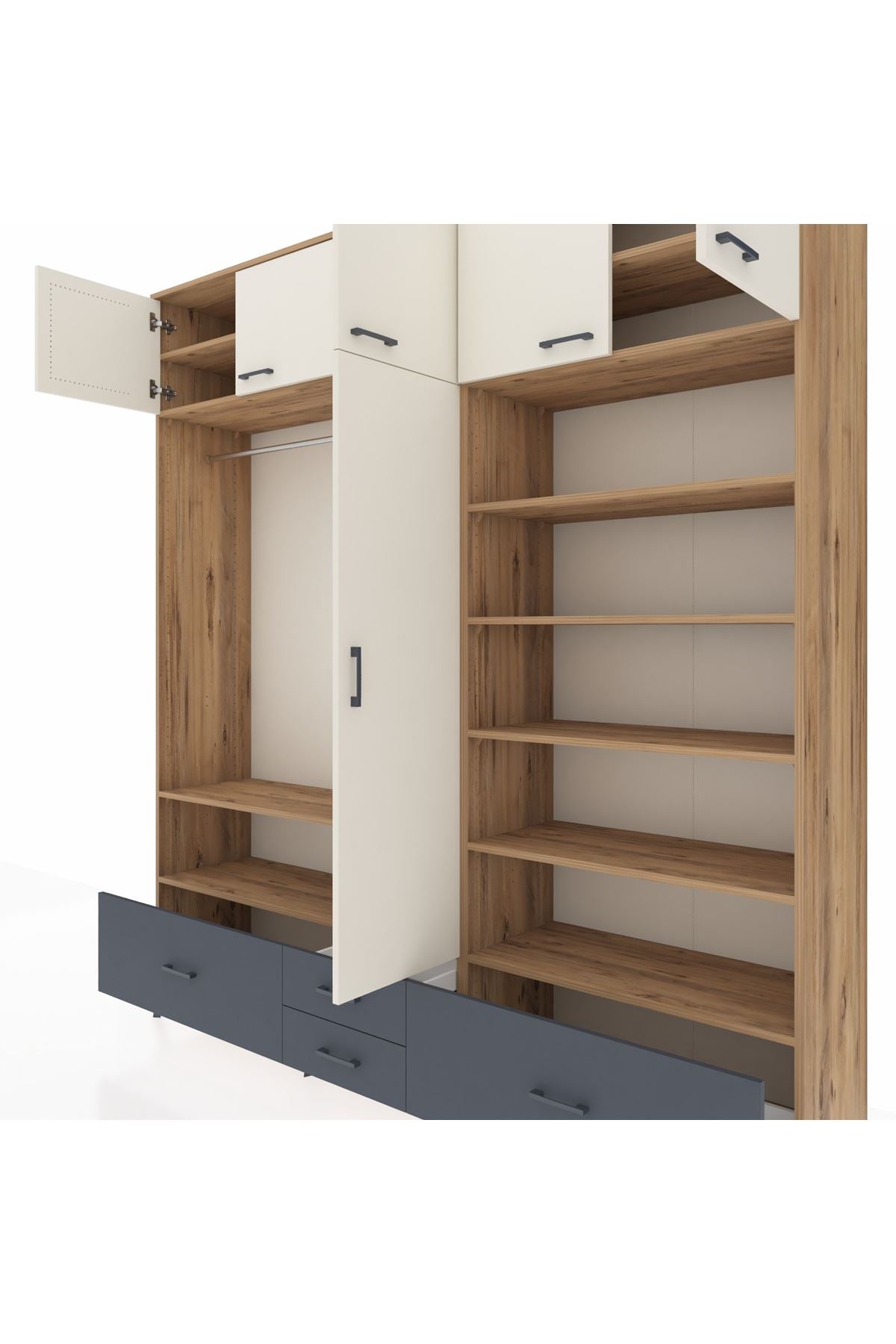 Hyperion Dolap 18 Raflı 4 Çekmeceli Tek Askılı 220x44x243 Çam-Aytaşı/Antrasit