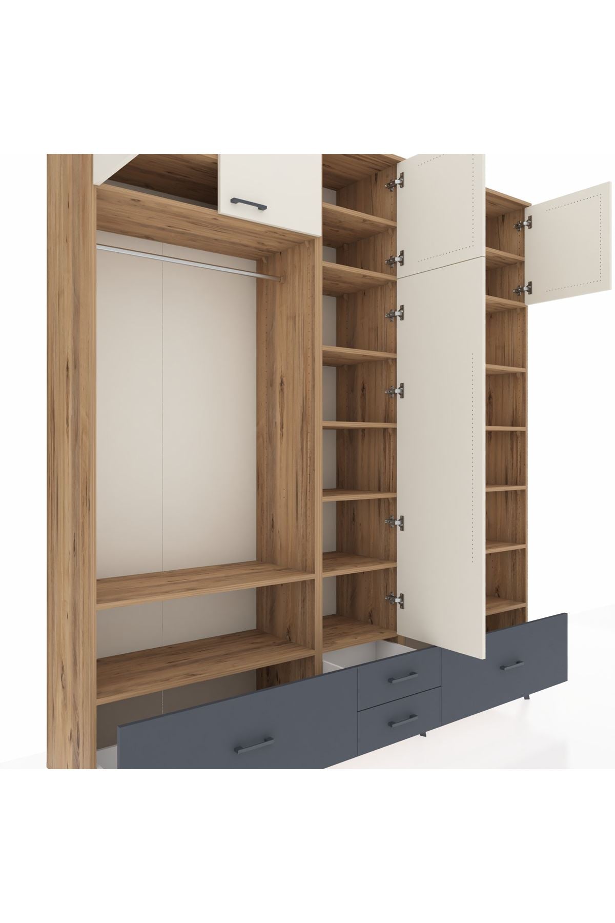 Hyperion Dolap 18 Raflı 4 Çekmeceli Tek Askılı 220x44x243 Çam-Aytaşı/Antrasit