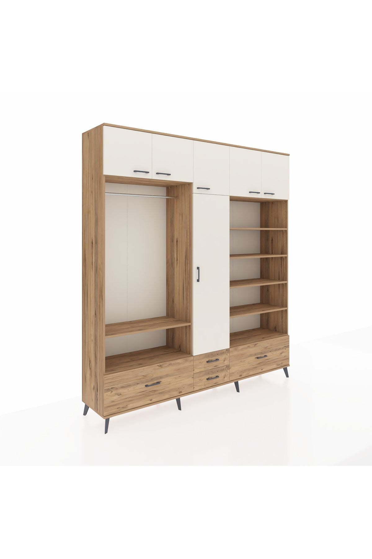 Hyperion Dolap 18 Raflı 4 Çekmeceli Tek Askılı 220x44x243 Çam-Aytaşı/Çam