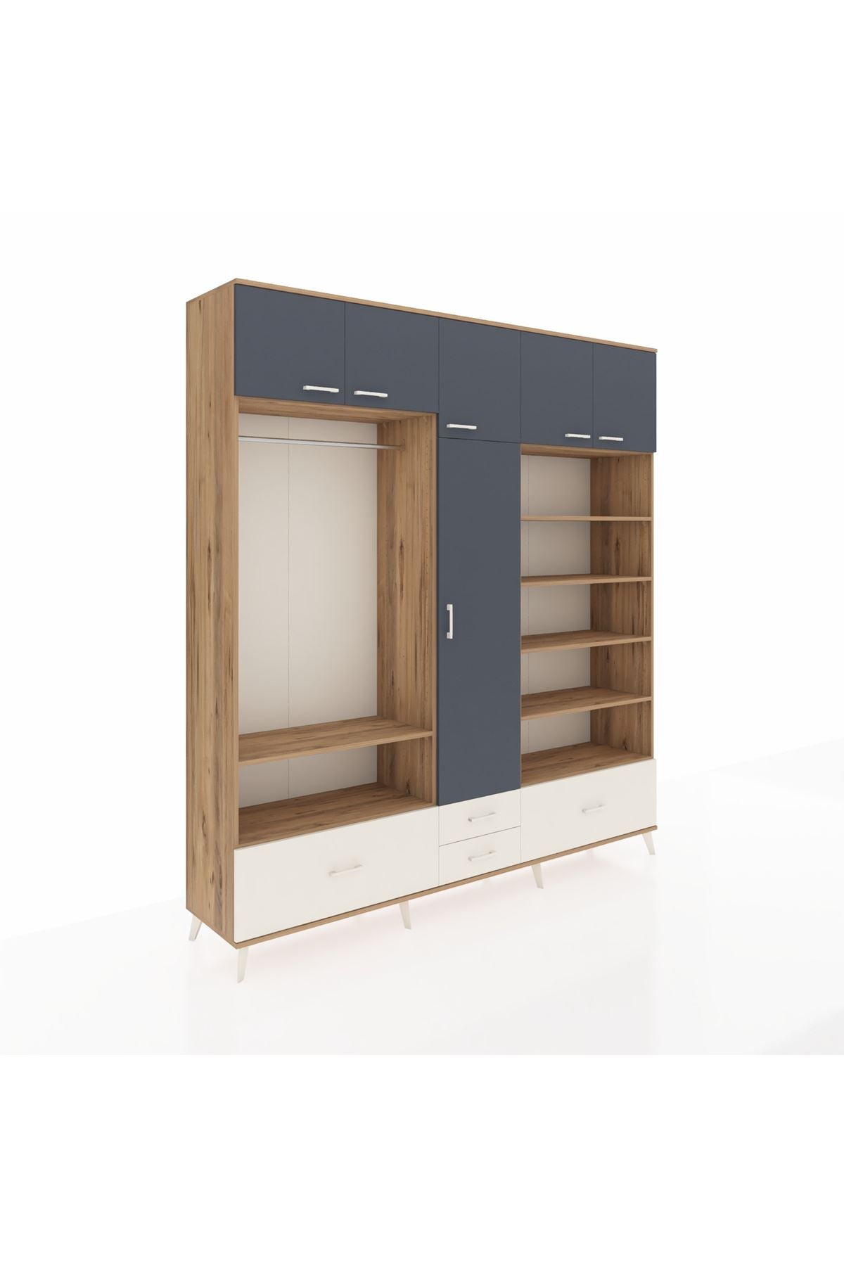 Hyperion Dolap 18 Raflı 4 Çekmeceli Tek Askılı 220x44x243 Çam-Antrasit/Aytaşı