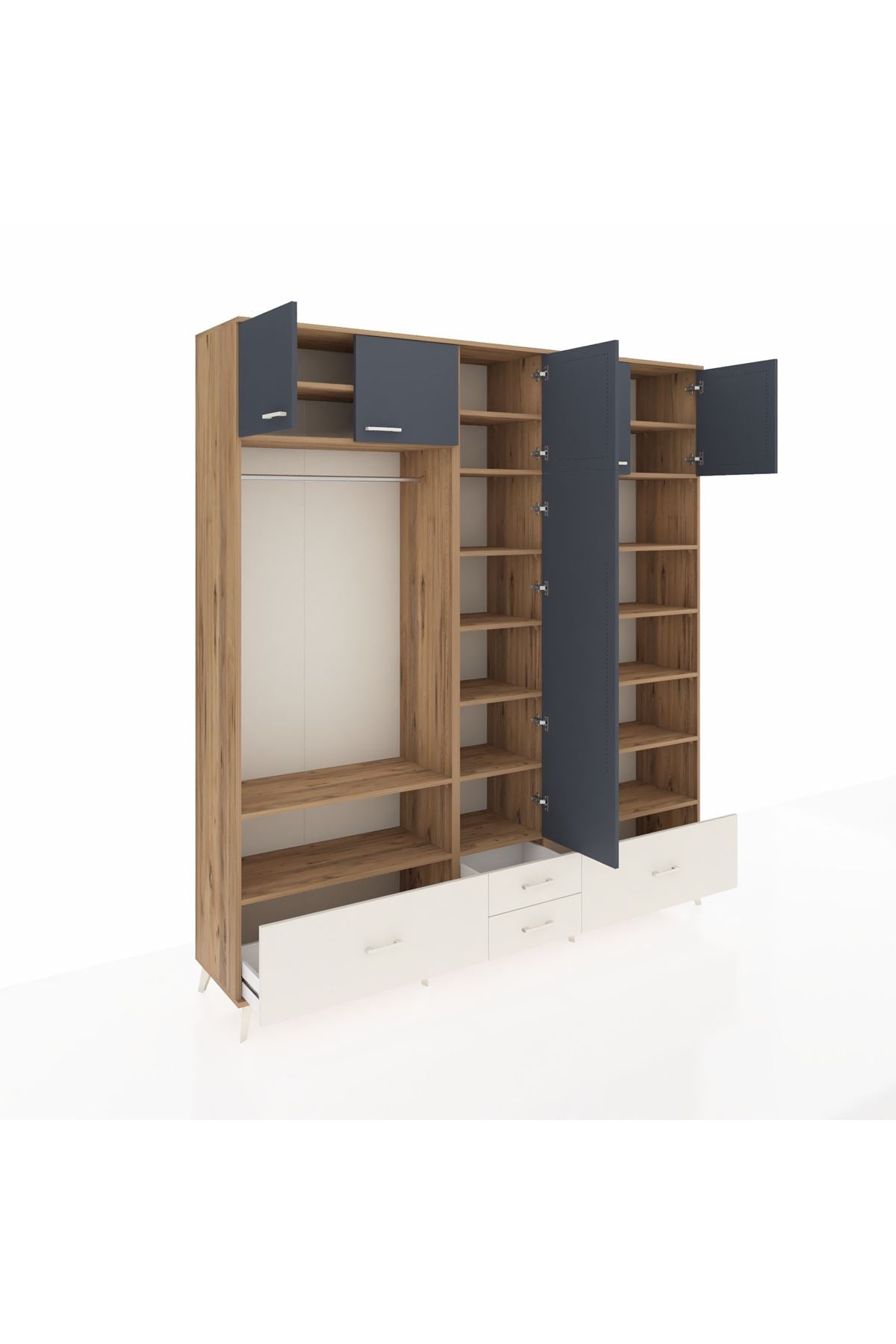 Hyperion Dolap 18 Raflı 4 Çekmeceli Tek Askılı 220x44x243 Çam-Antrasit/Aytaşı