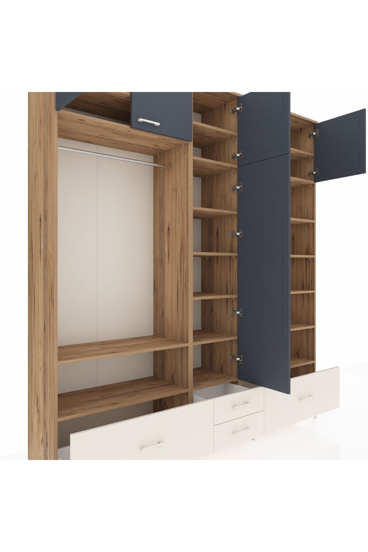 Hyperion Dolap 18 Raflı 4 Çekmeceli Tek Askılı 220x44x243 Çam-Antrasit/Aytaşı