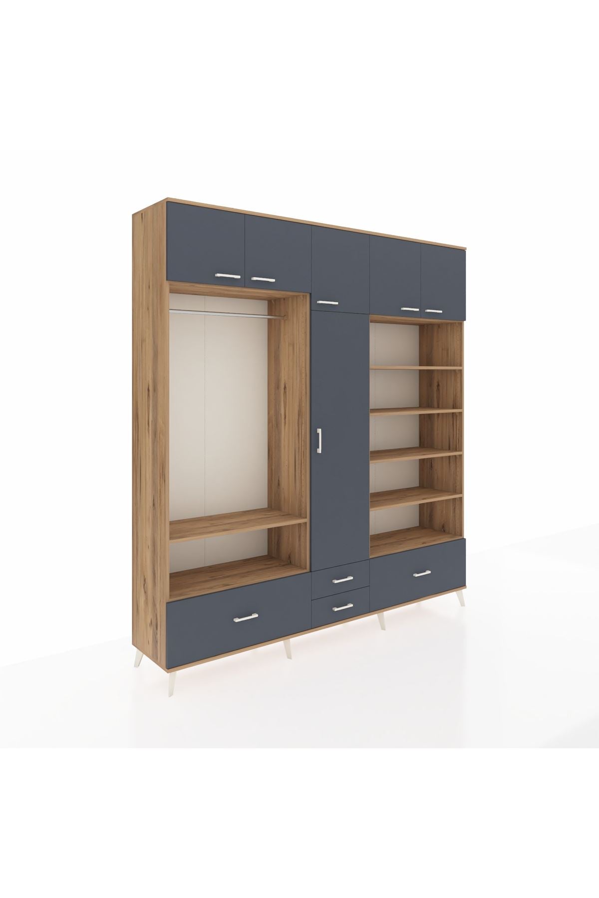 Hyperion Dolap 18 Raflı 4 Çekmeceli Tek Askılı 220x44x243 Çam-Antrasit/Antrasit