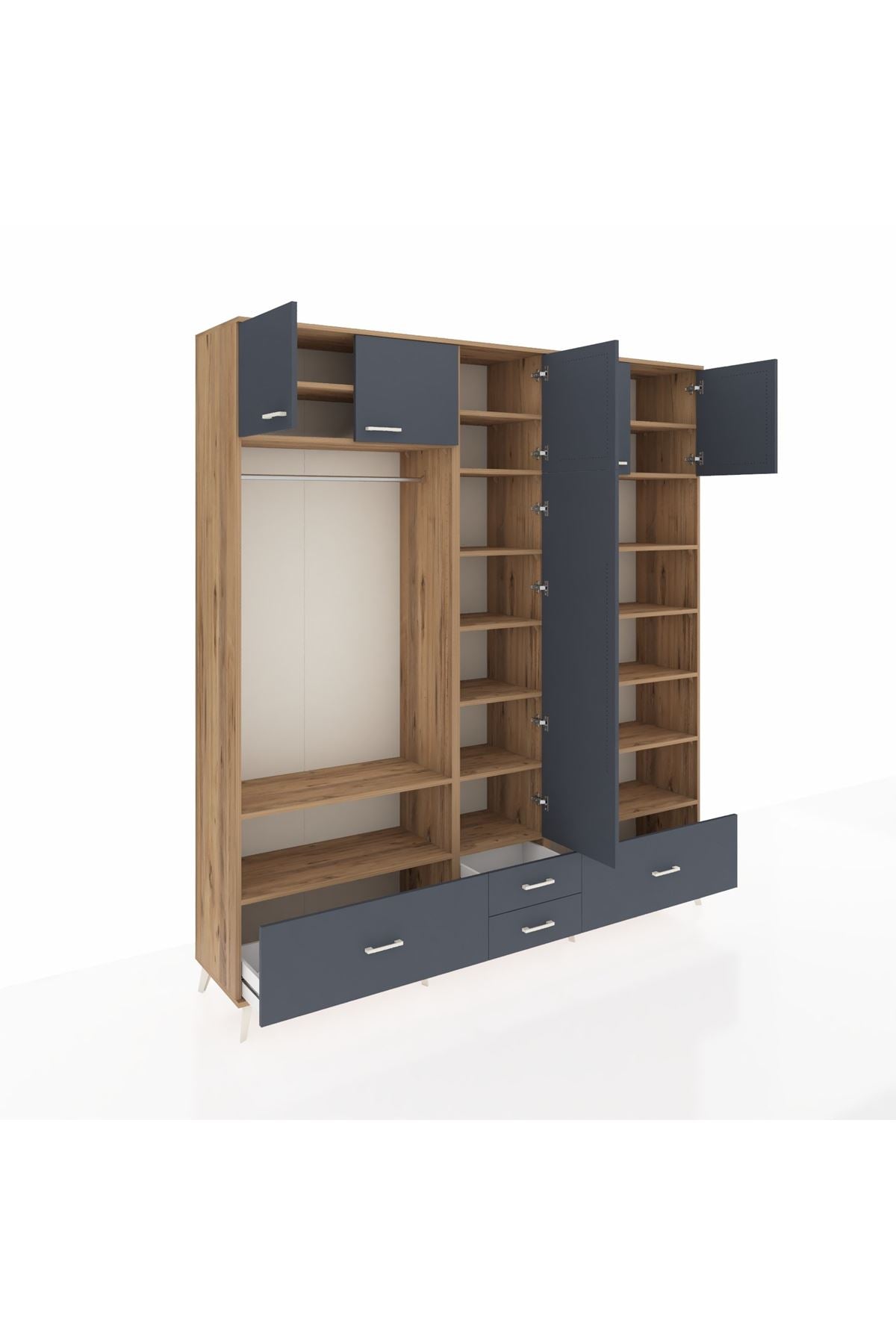 Hyperion Dolap 18 Raflı 4 Çekmeceli Tek Askılı 220x44x243 Çam-Antrasit/Antrasit