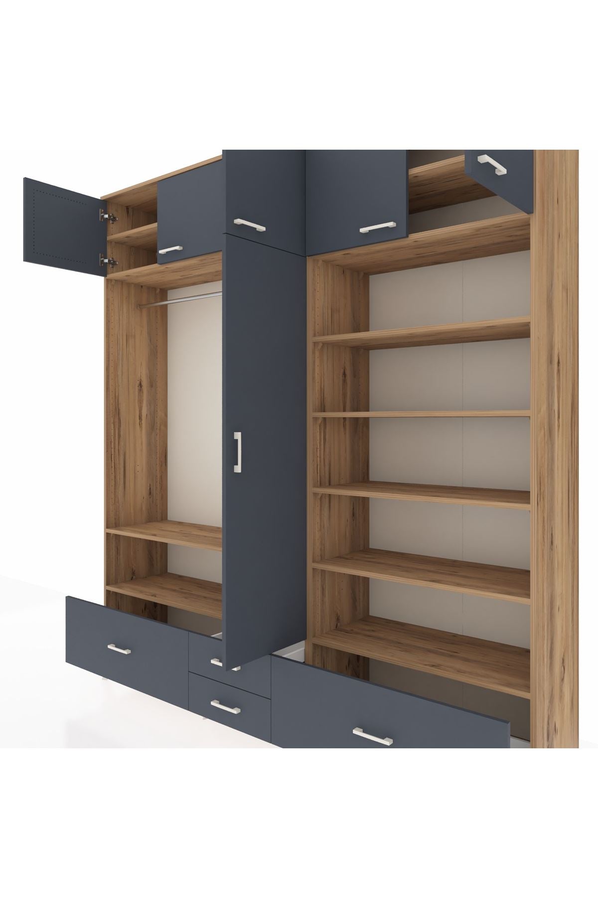 Hyperion Dolap 18 Raflı 4 Çekmeceli Tek Askılı 220x44x243 Çam-Antrasit/Antrasit