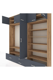 Hyperion Dolap 18 Raflı 4 Çekmeceli Tek Askılı 220x44x243 Çam-Antrasit/Antrasit