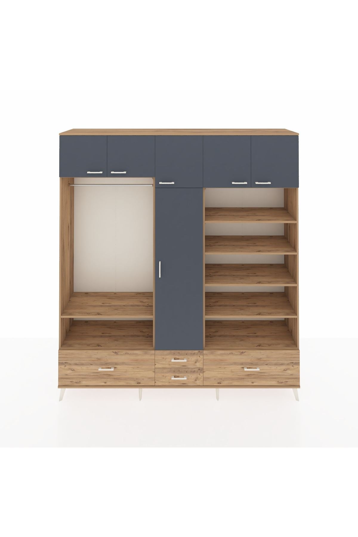 Hyperion Dolap 18 Raflı 4 Çekmeceli Tek Askılı 220x44x243 Çam-Antrasit/Çam