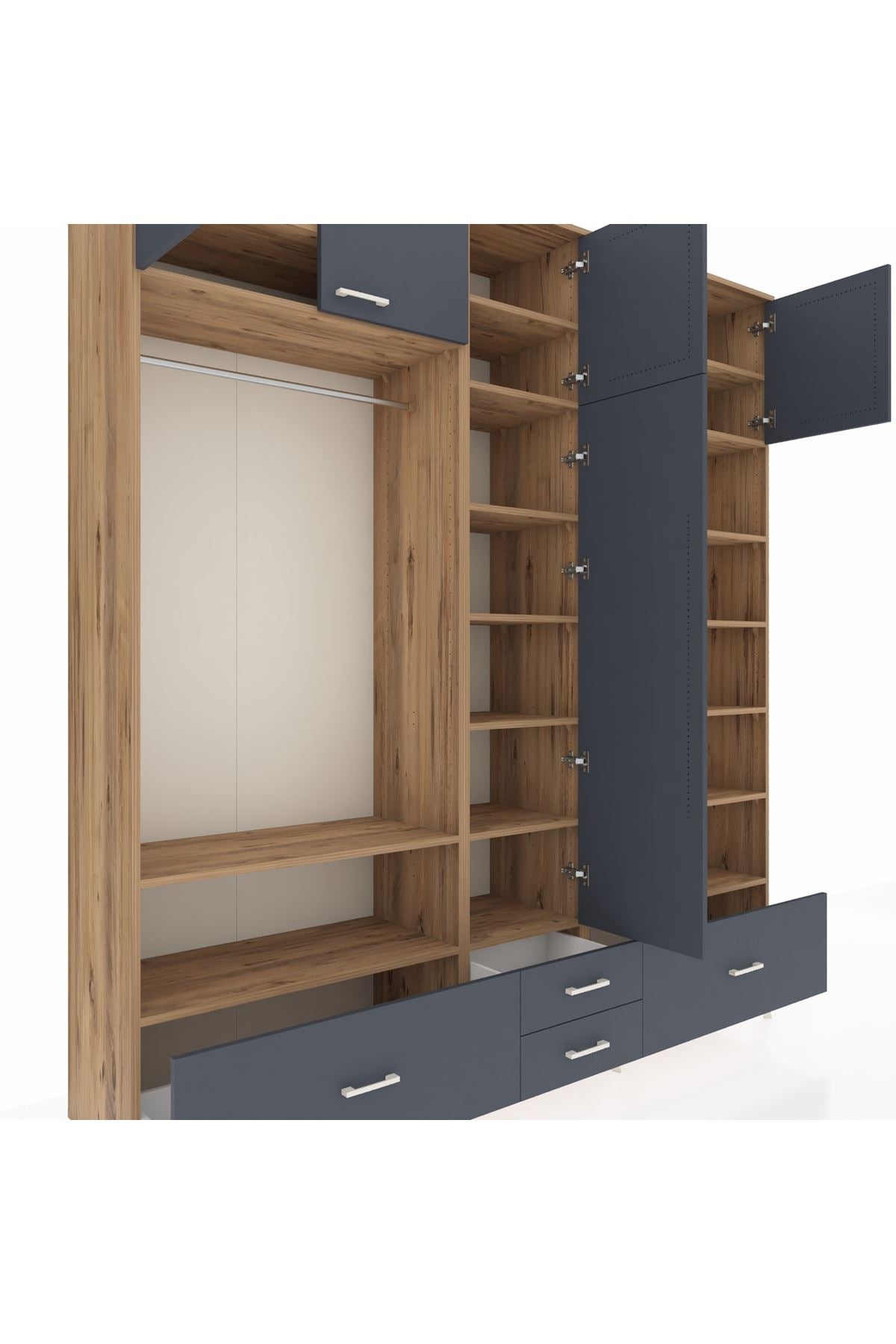 Hyperion Dolap 18 Raflı 4 Çekmeceli Tek Askılı 220x44x243 Çam-Antrasit/Antrasit