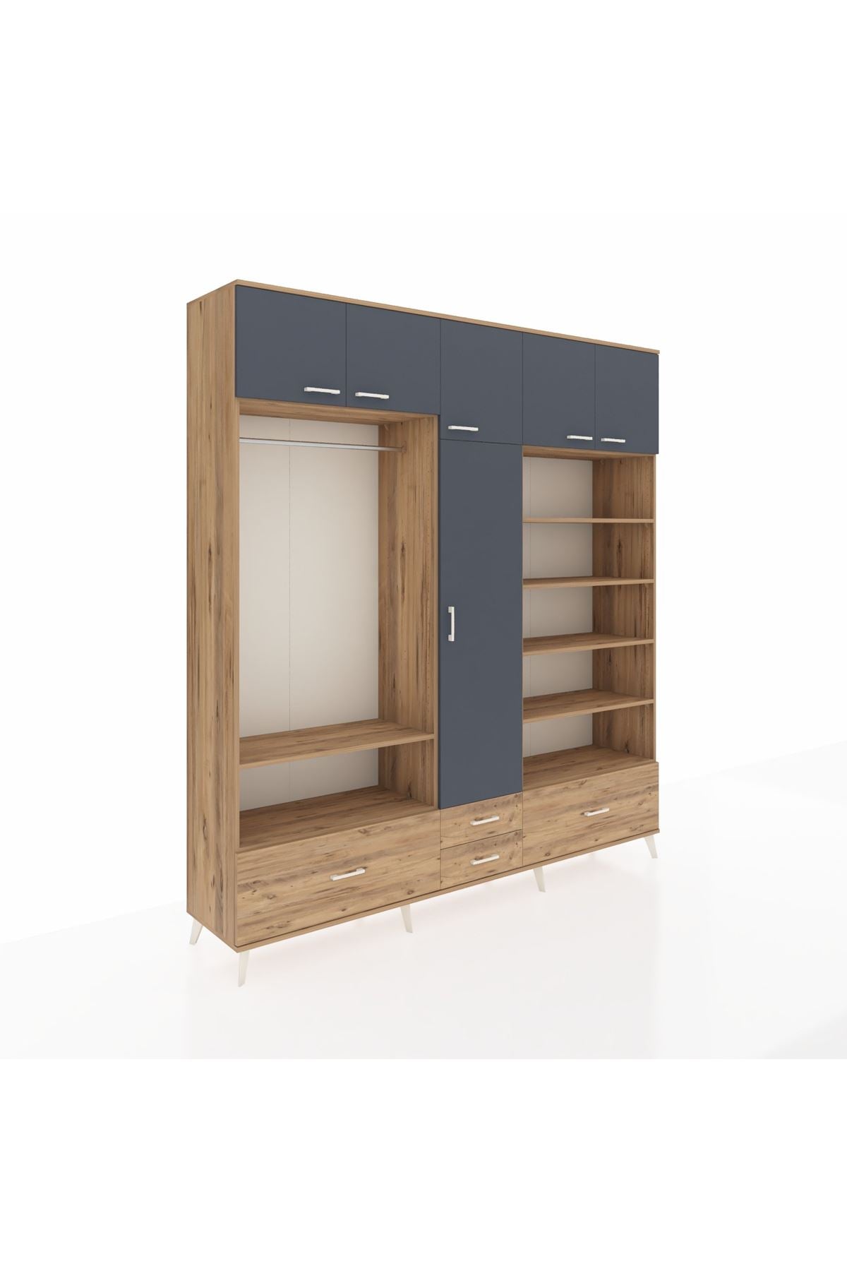 Hyperion Dolap 18 Raflı 4 Çekmeceli Tek Askılı 220x44x243 Çam-Antrasit/Çam