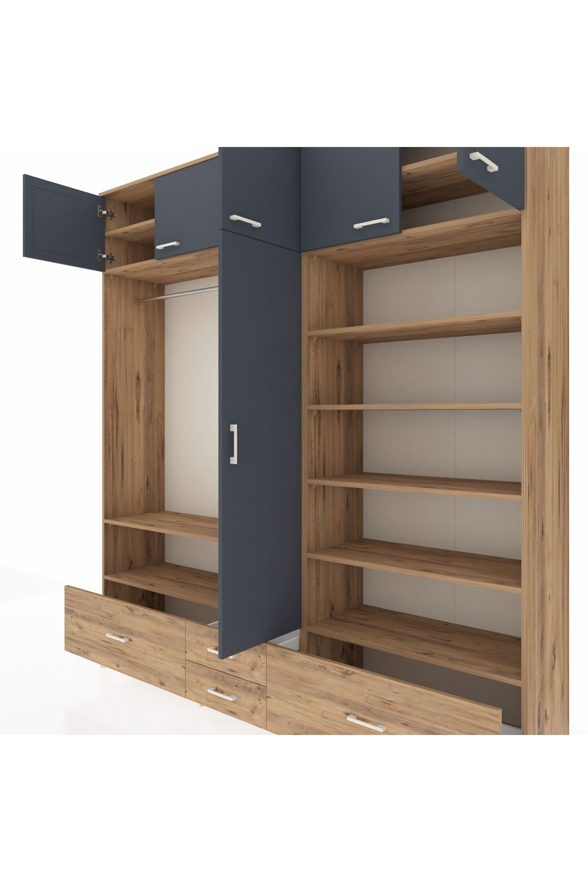 Hyperion Dolap 18 Raflı 4 Çekmeceli Tek Askılı 220x44x243 Çam-Antrasit/Çam