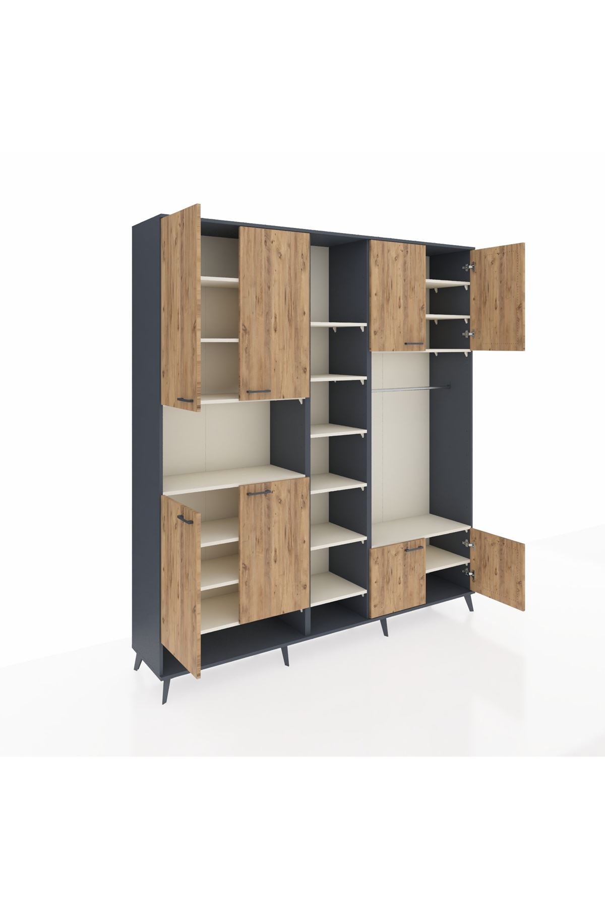 Hyperion Dolap 18 Raflı 8 Kapaklı Tek Askılı 220x44x243 Antrasit-Çam/Aytaşı