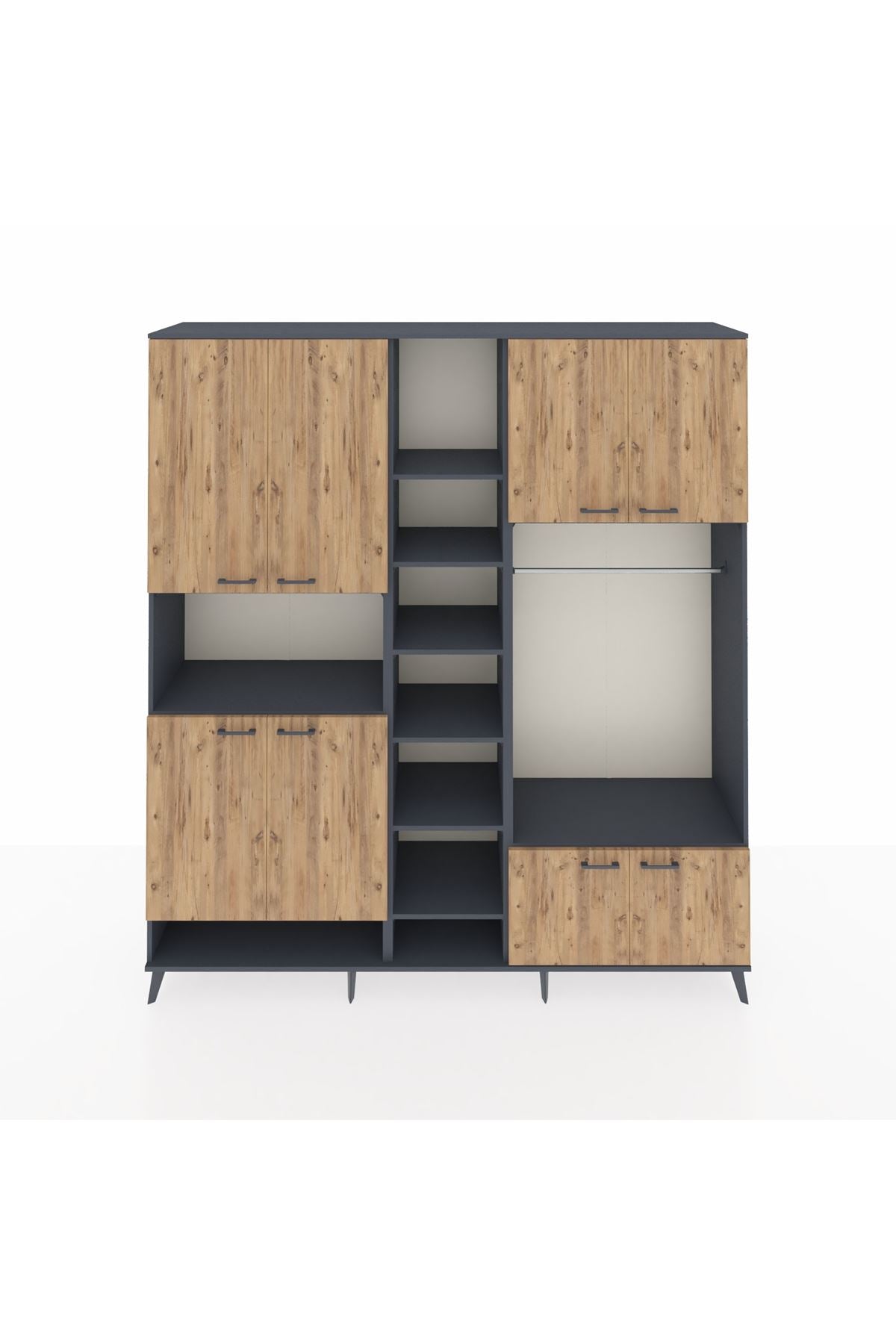 Hyperion Dolap 18 Raflı 8 Kapaklı Tek Askılı 220x44x243 Antrasit-Çam/Antrasit