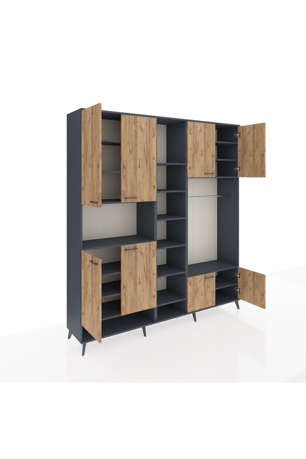 Hyperion Dolap 18 Raflı 8 Kapaklı Tek Askılı 220x44x243 Antrasit-Çam/Antrasit