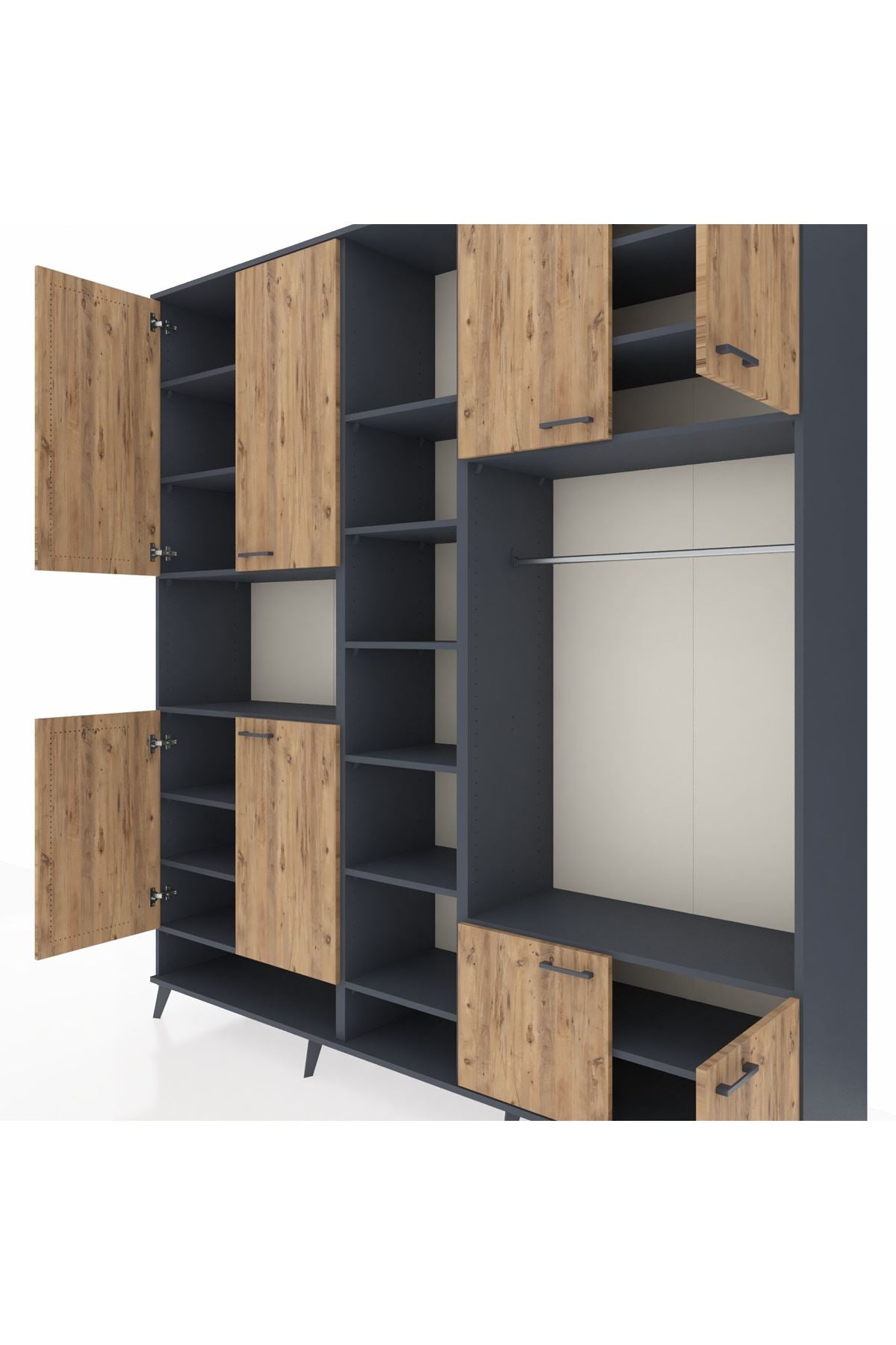 Hyperion Dolap 18 Raflı 8 Kapaklı Tek Askılı 220x44x243 Antrasit-Çam/Antrasit