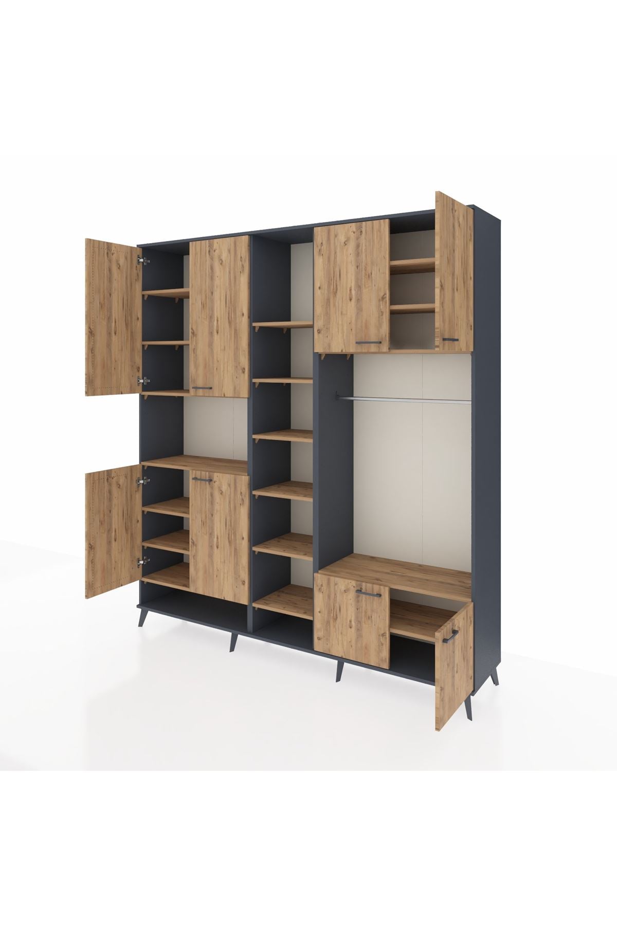 Hyperion Dolap 18 Raflı 8 Kapaklı Tek Askılı 220x44x243 Antrasit-Çam/Çam