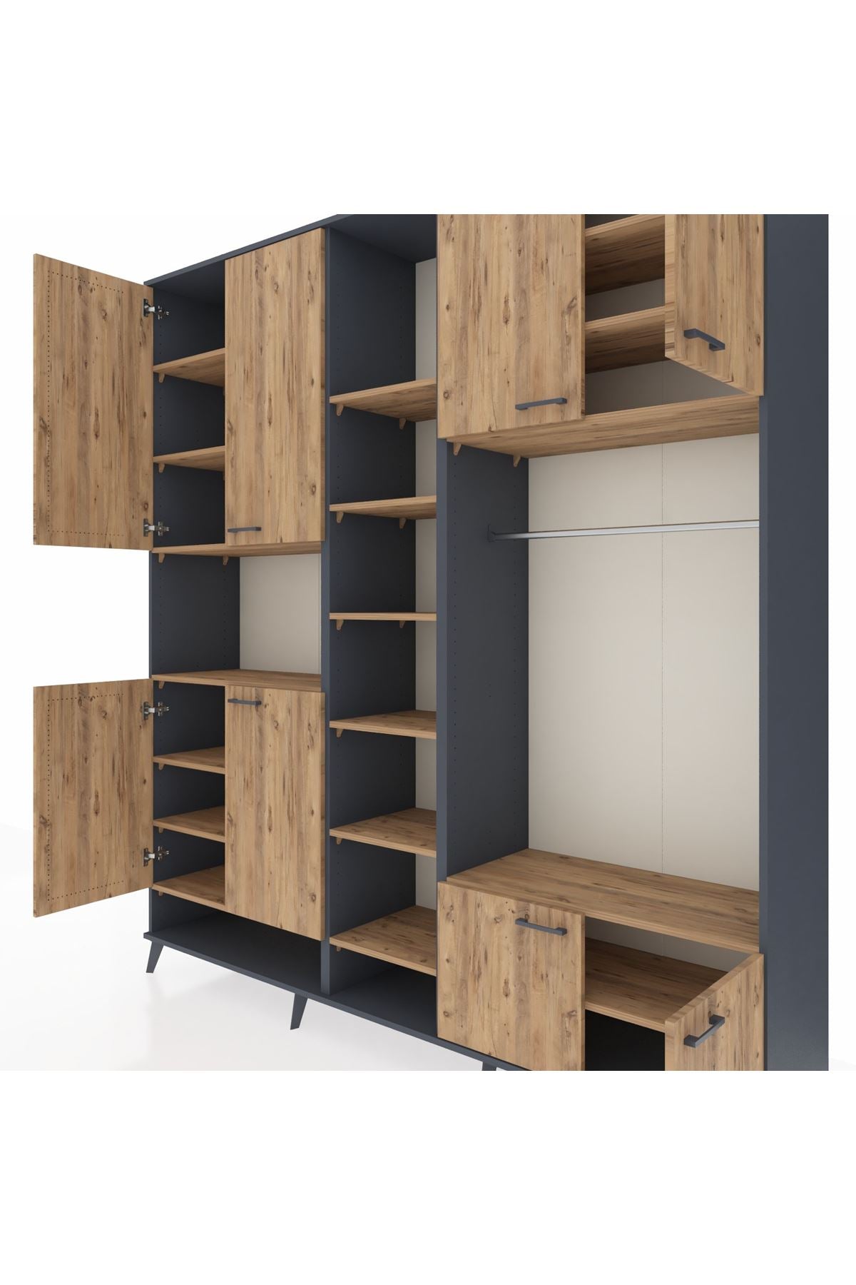 Hyperion Dolap 18 Raflı 8 Kapaklı Tek Askılı 220x44x243 Antrasit-Çam/Çam