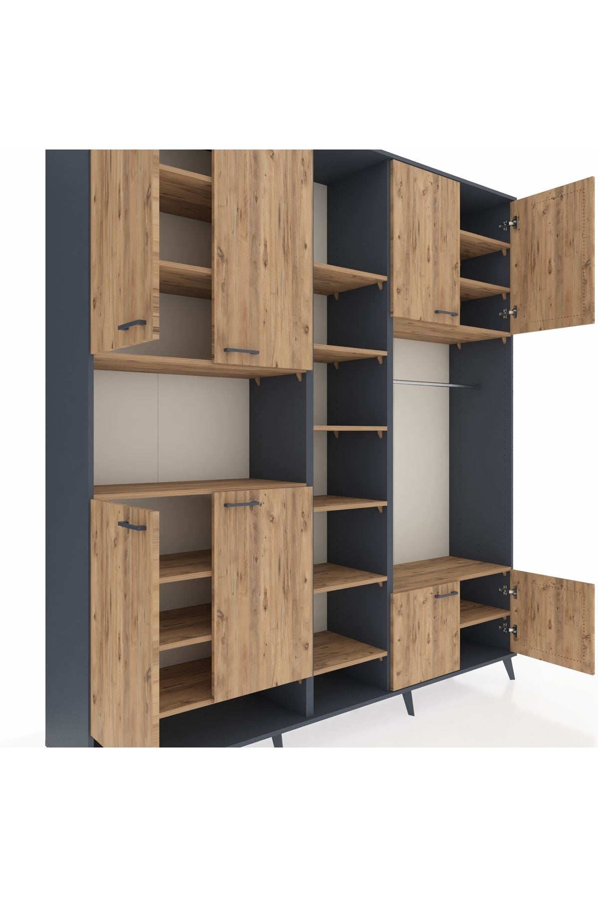 Hyperion Dolap 18 Raflı 8 Kapaklı Tek Askılı 220x44x243 Antrasit-Çam/Çam