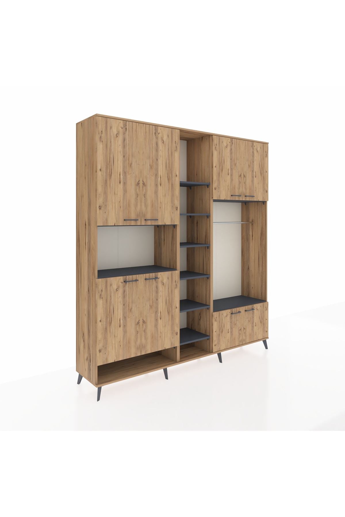 Hyperion Dolap 18 Raflı 8 Kapaklı Tek Askılı 220x44x243 Çam-Çam/Antrasit