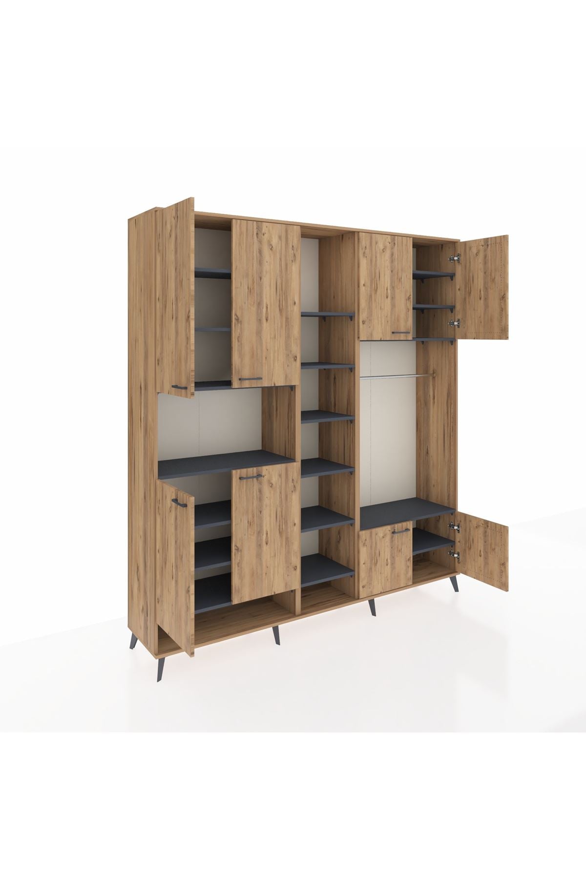 Hyperion Dolap 18 Raflı 8 Kapaklı Tek Askılı 220x44x243 Çam-Çam/Antrasit