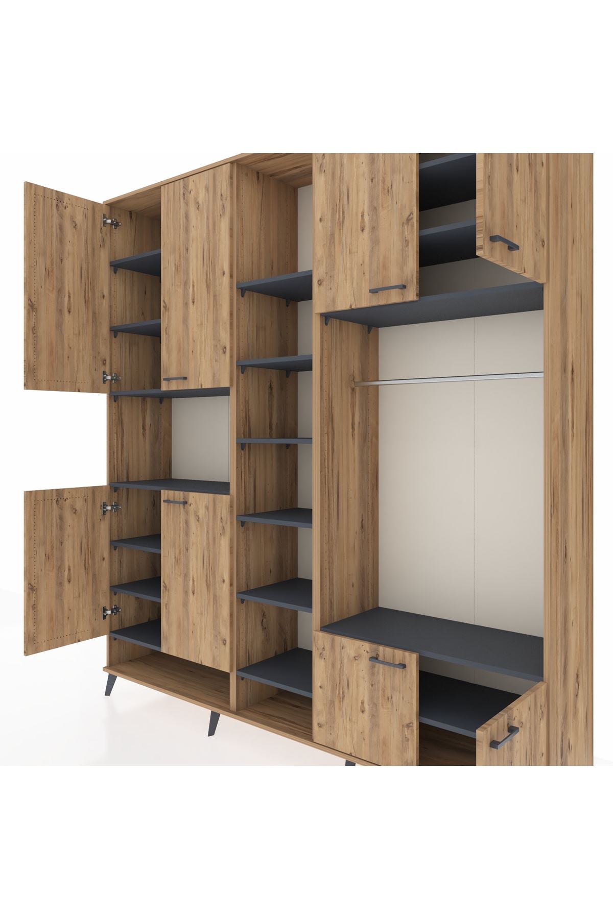 Hyperion Dolap 18 Raflı 8 Kapaklı Tek Askılı 220x44x243 Çam-Çam/Antrasit