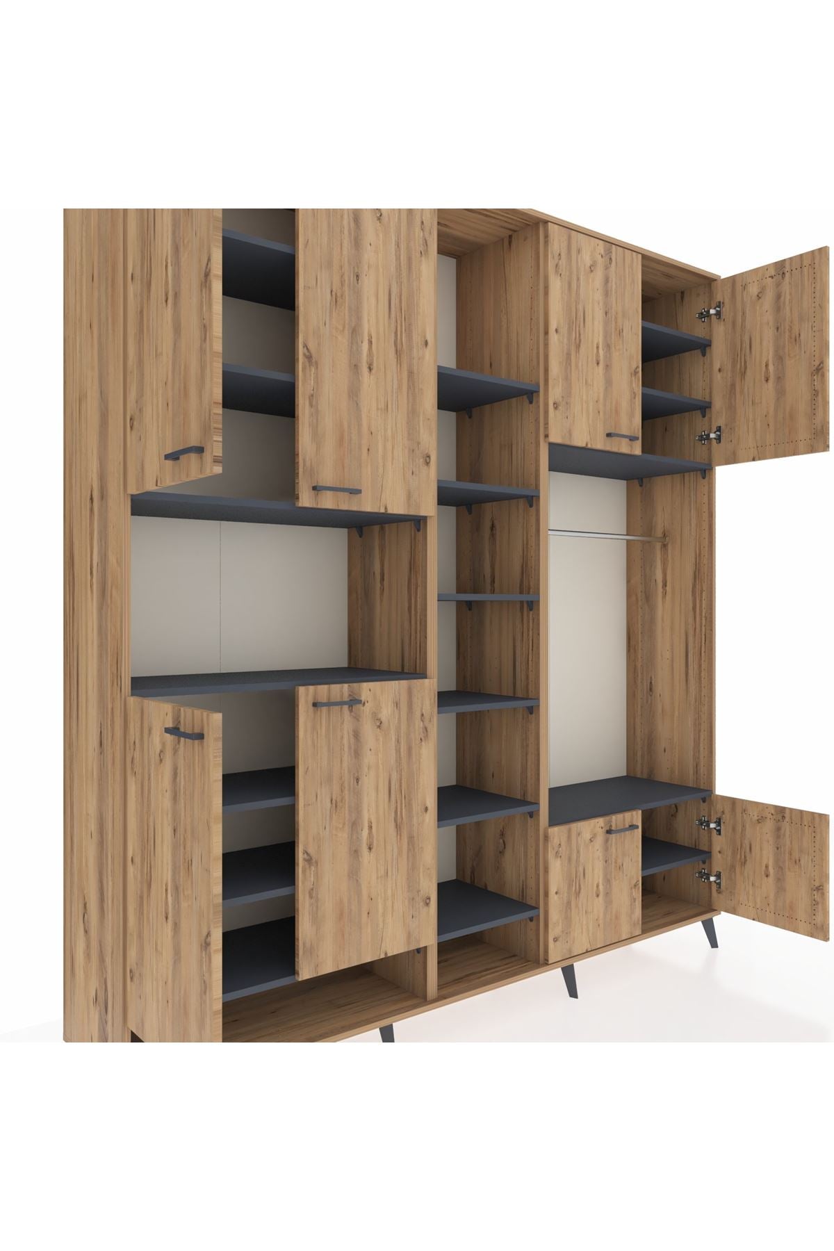 Hyperion Dolap 18 Raflı 8 Kapaklı Tek Askılı 220x44x243 Çam-Çam/Antrasit