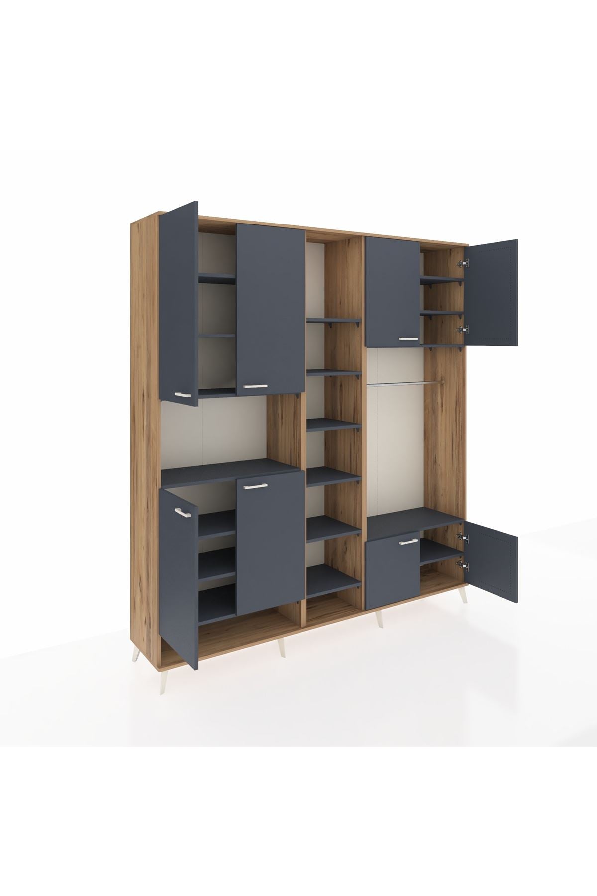 Hyperion Dolap 18 Raflı 8 Kapaklı Tek Askılı 220x44x243 Çam-Antrasit/Antrasit