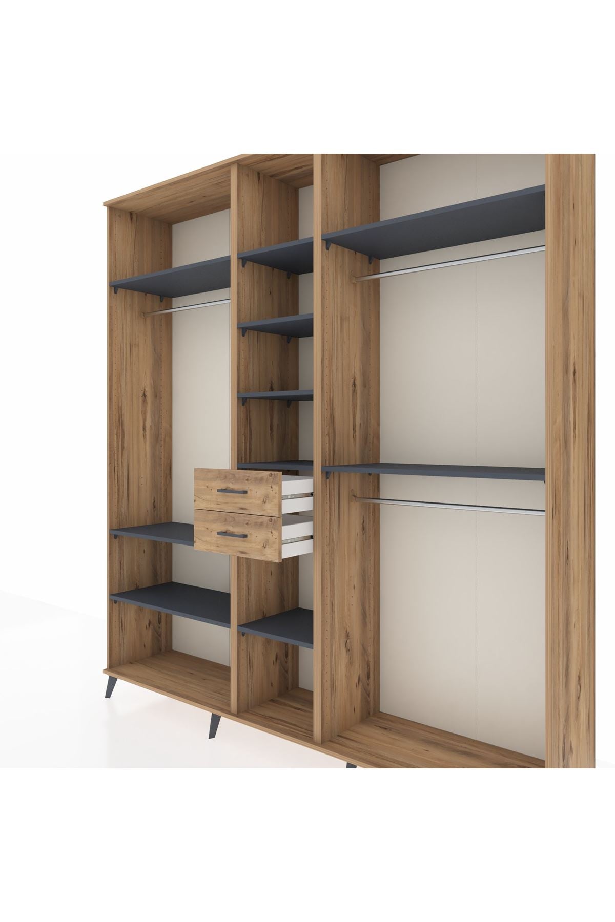 Hyperion Dolap 10 Raflı 2 Çekmeceli 3 Askılı 220x44x243 Çam-Antrasit/Çam