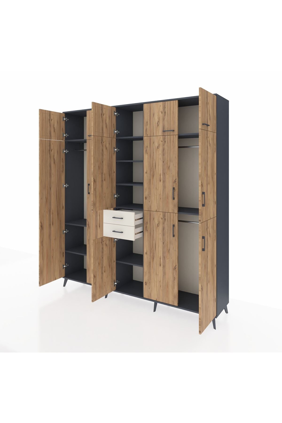 Hyperion Dolap 10 Raflı 2 Çekmeceli 3 Askılı 220x44x243 Antrasit-Çam/Aytaşı