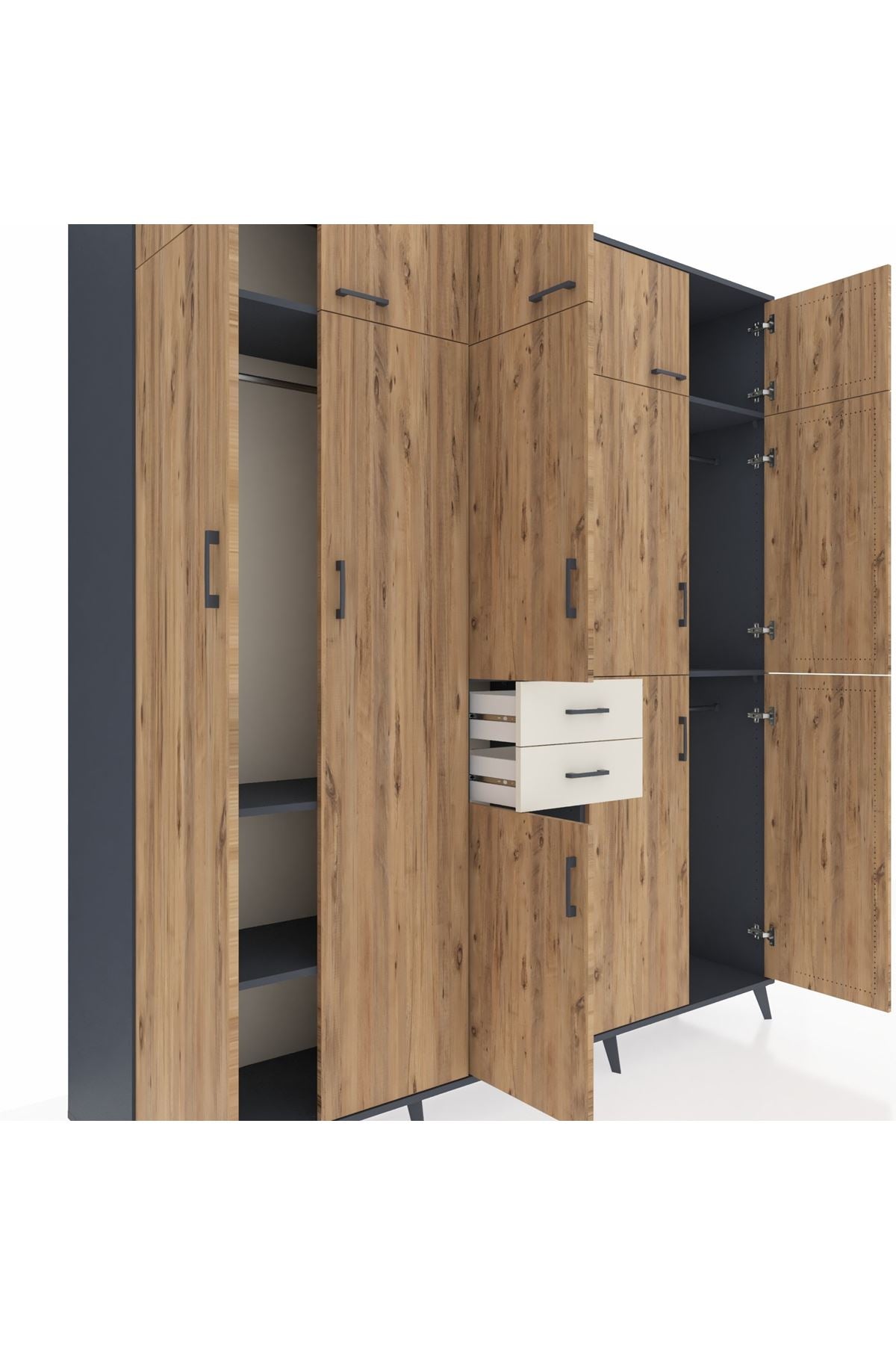 Hyperion Dolap 10 Raflı 2 Çekmeceli 3 Askılı 220x44x243 Antrasit-Çam/Aytaşı