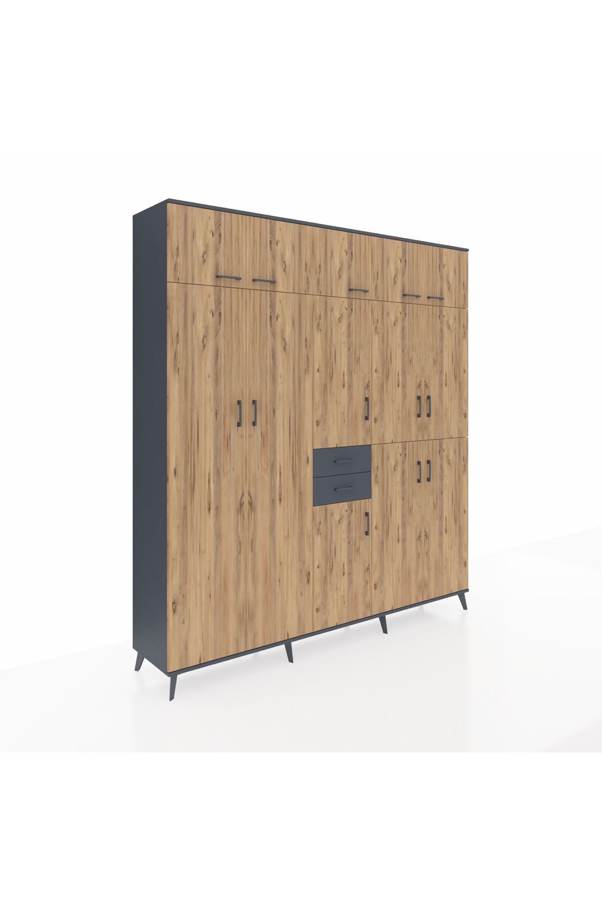 Hyperion Dolap 10 Raflı 2 Çekmeceli 3 Askılı 220x44x243 Antrasit-Çam/Antrasit