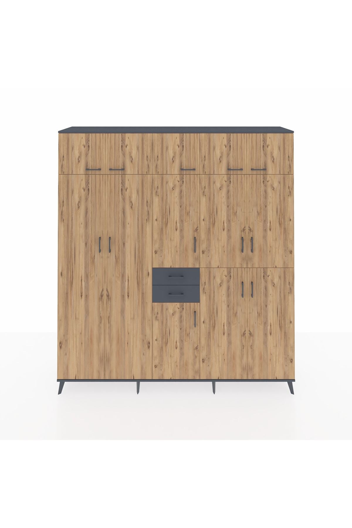 Hyperion Dolap 10 Raflı 2 Çekmeceli 3 Askılı 220x44x243 Antrasit-Çam/Antrasit