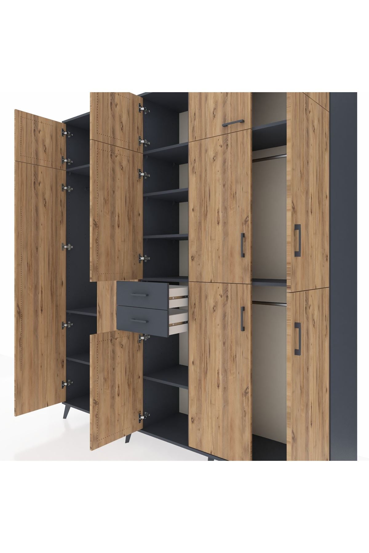 Hyperion Dolap 10 Raflı 2 Çekmeceli 3 Askılı 220x44x243 Antrasit-Çam/Antrasit