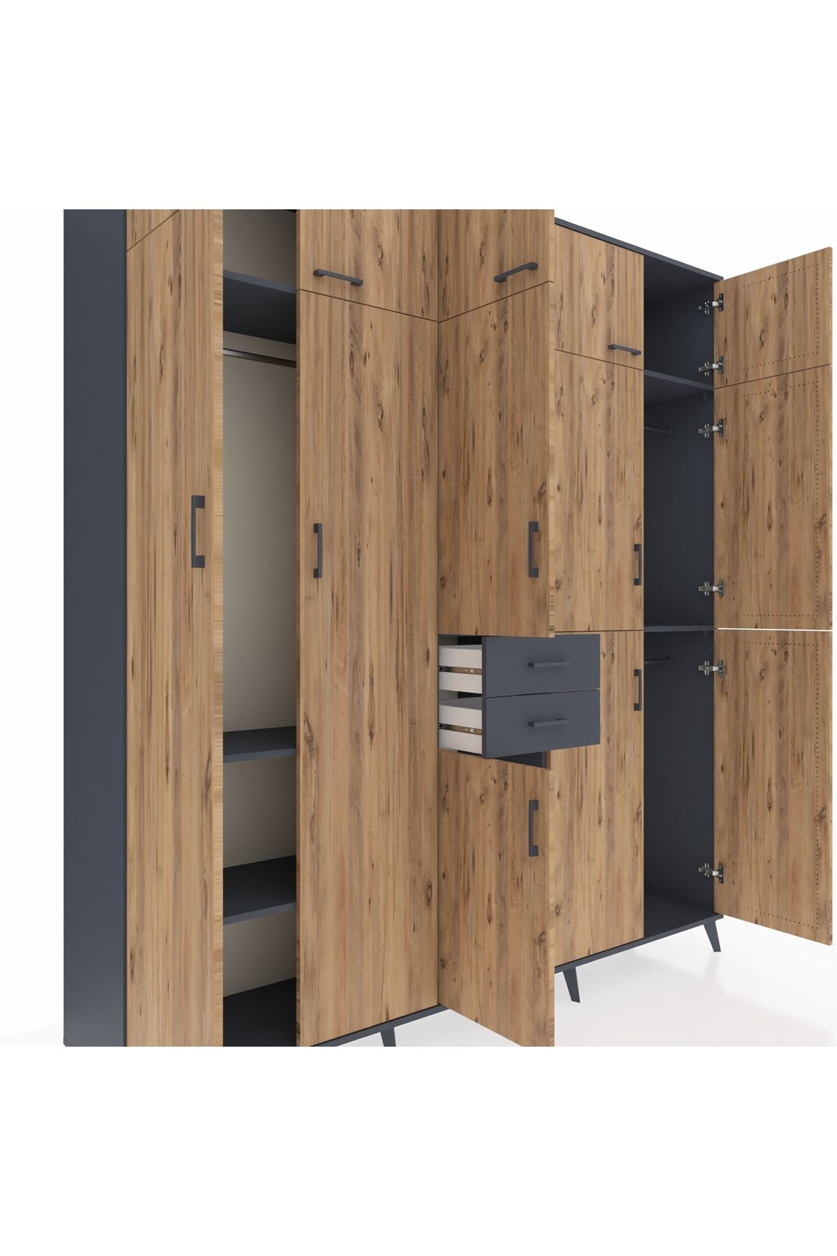 Hyperion Dolap 10 Raflı 2 Çekmeceli 3 Askılı 220x44x243 Antrasit-Çam/Antrasit