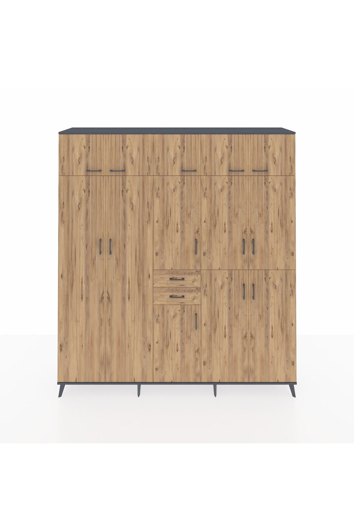 Hyperion Dolap 10 Raflı 2 Çekmeceli 3 Askılı 220x44x243 Antrasit-Çam/Çam