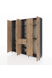 Hyperion Dolap 10 Raflı 2 Çekmeceli 3 Askılı 220x44x243 Antrasit-Çam/Çam