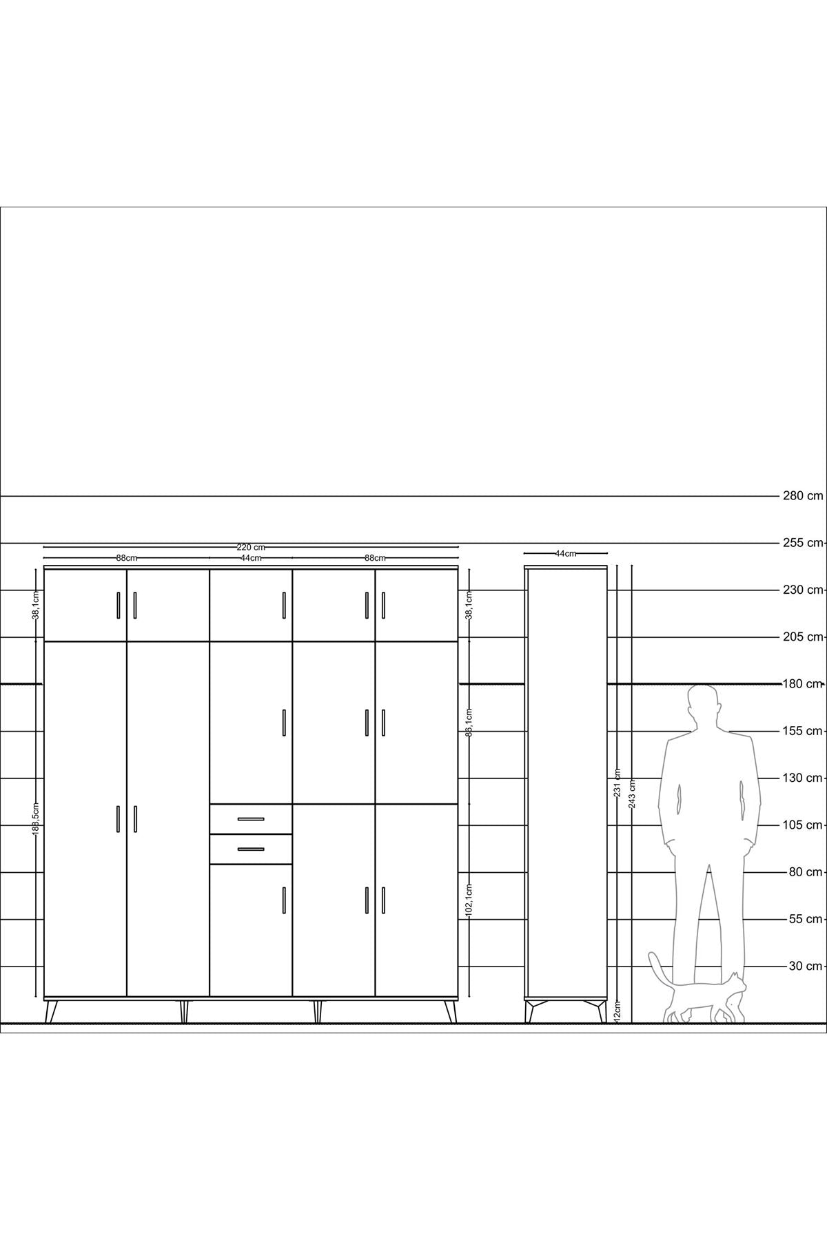 Hyperion Dolap 10 Raflı 2 Çekmeceli 3 Askılı 220x44x243 Antrasit-Çam/Çam