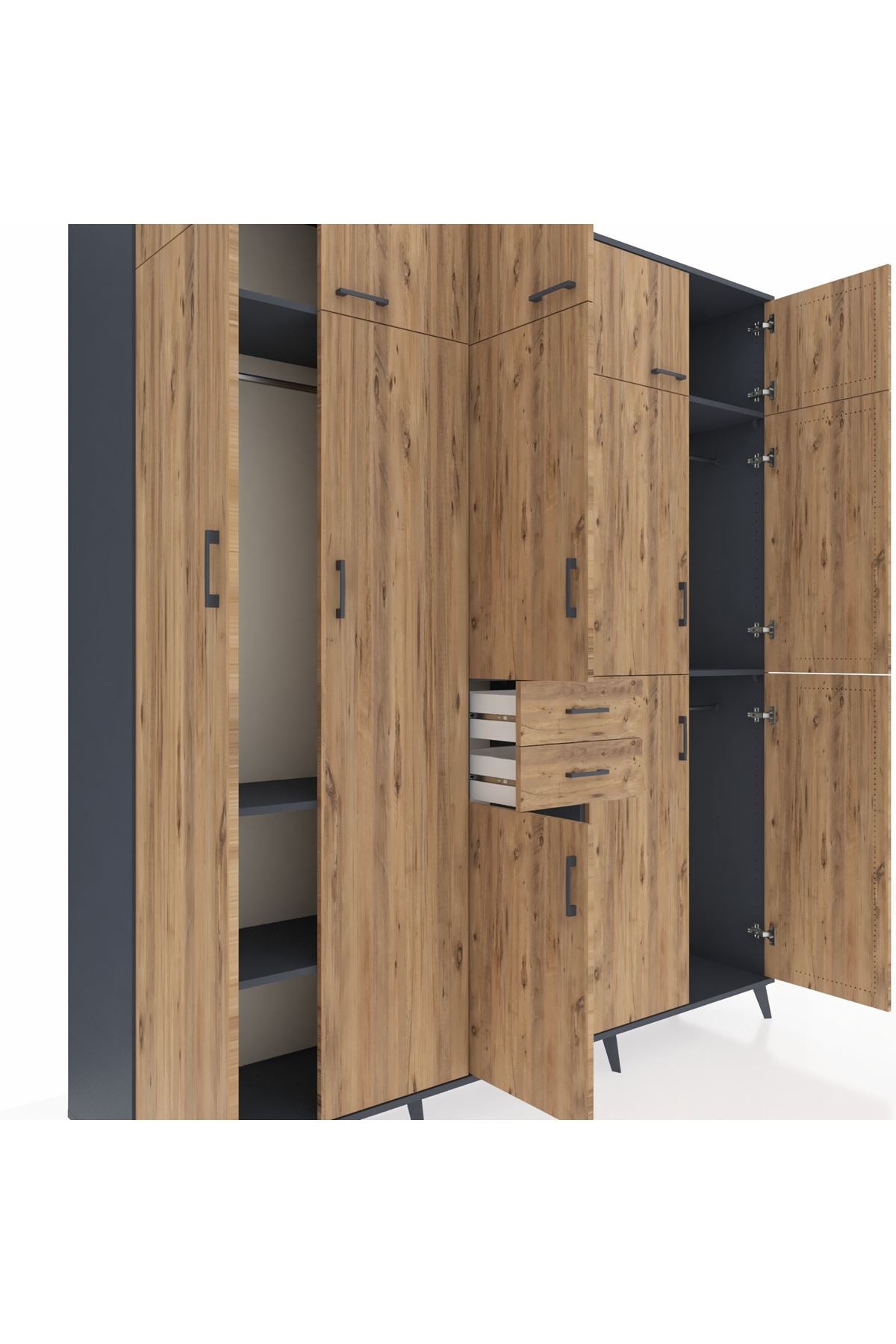 Hyperion Dolap 10 Raflı 2 Çekmeceli 3 Askılı 220x44x243 Antrasit-Çam/Çam