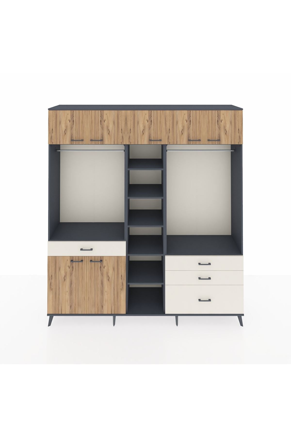 Hyperion Dolap 11 Raflı 4 Çekmeceli 2 Askılı 220x44x243 Antrasit-Çam/Aytaşı