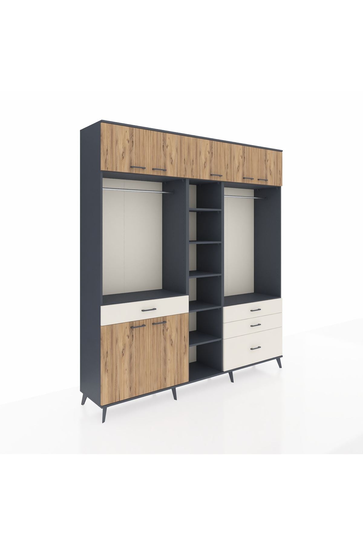 Hyperion Dolap 11 Raflı 4 Çekmeceli 2 Askılı 220x44x243 Antrasit-Çam/Aytaşı