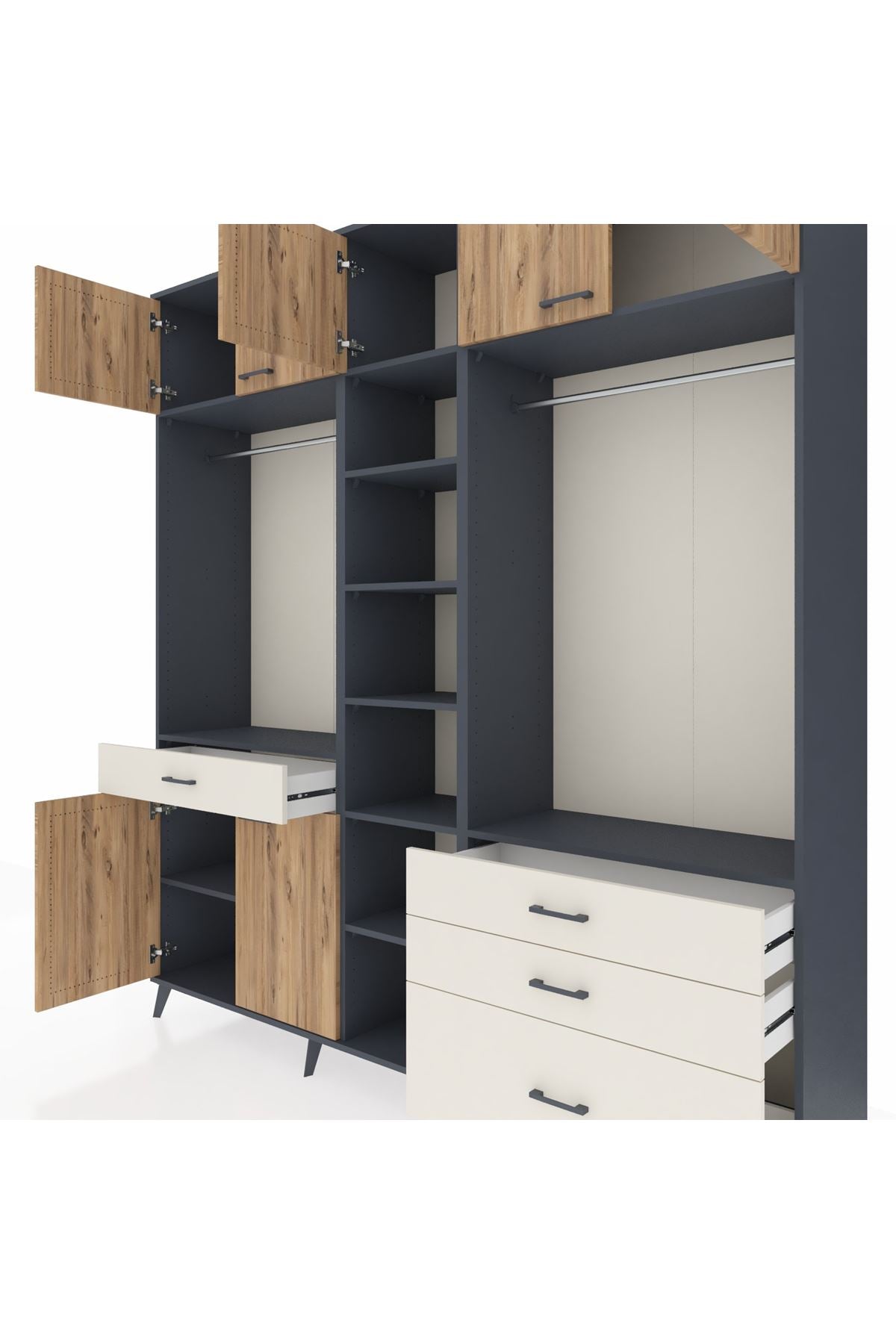 Hyperion Dolap 11 Raflı 4 Çekmeceli 2 Askılı 220x44x243 Antrasit-Çam/Aytaşı