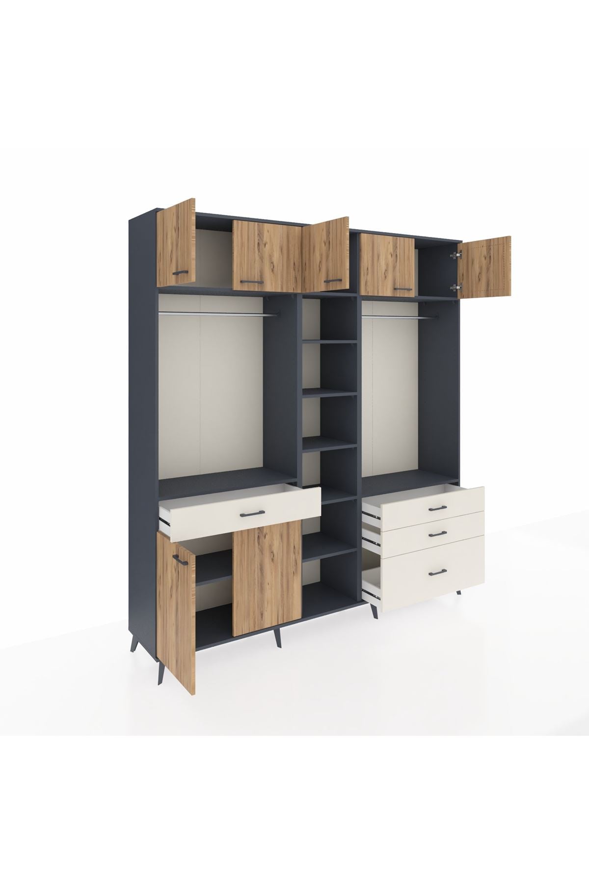 Hyperion Dolap 11 Raflı 4 Çekmeceli 2 Askılı 220x44x243 Antrasit-Çam/Aytaşı