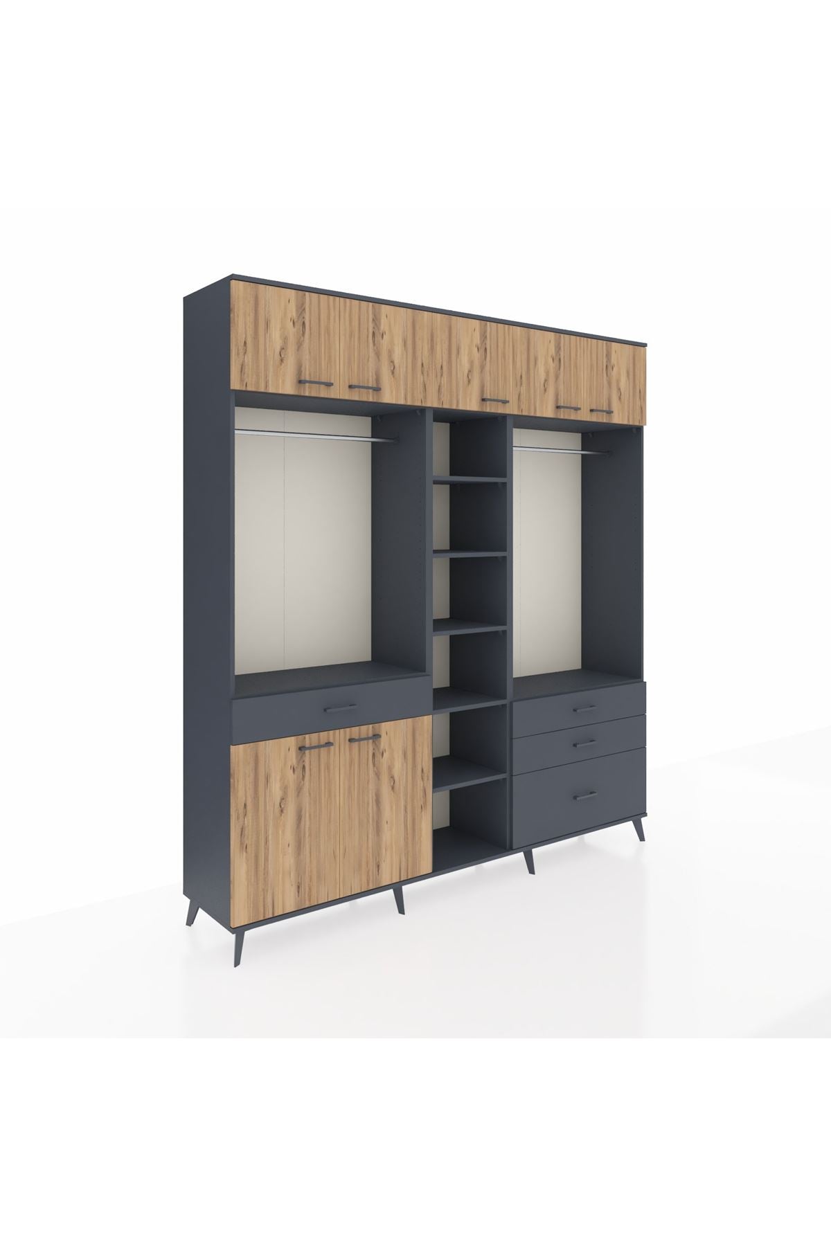 Hyperion Dolap 11 Raflı 4 Çekmeceli 2 Askılı 220x44x243 Antrasit-Çam/Antrasit