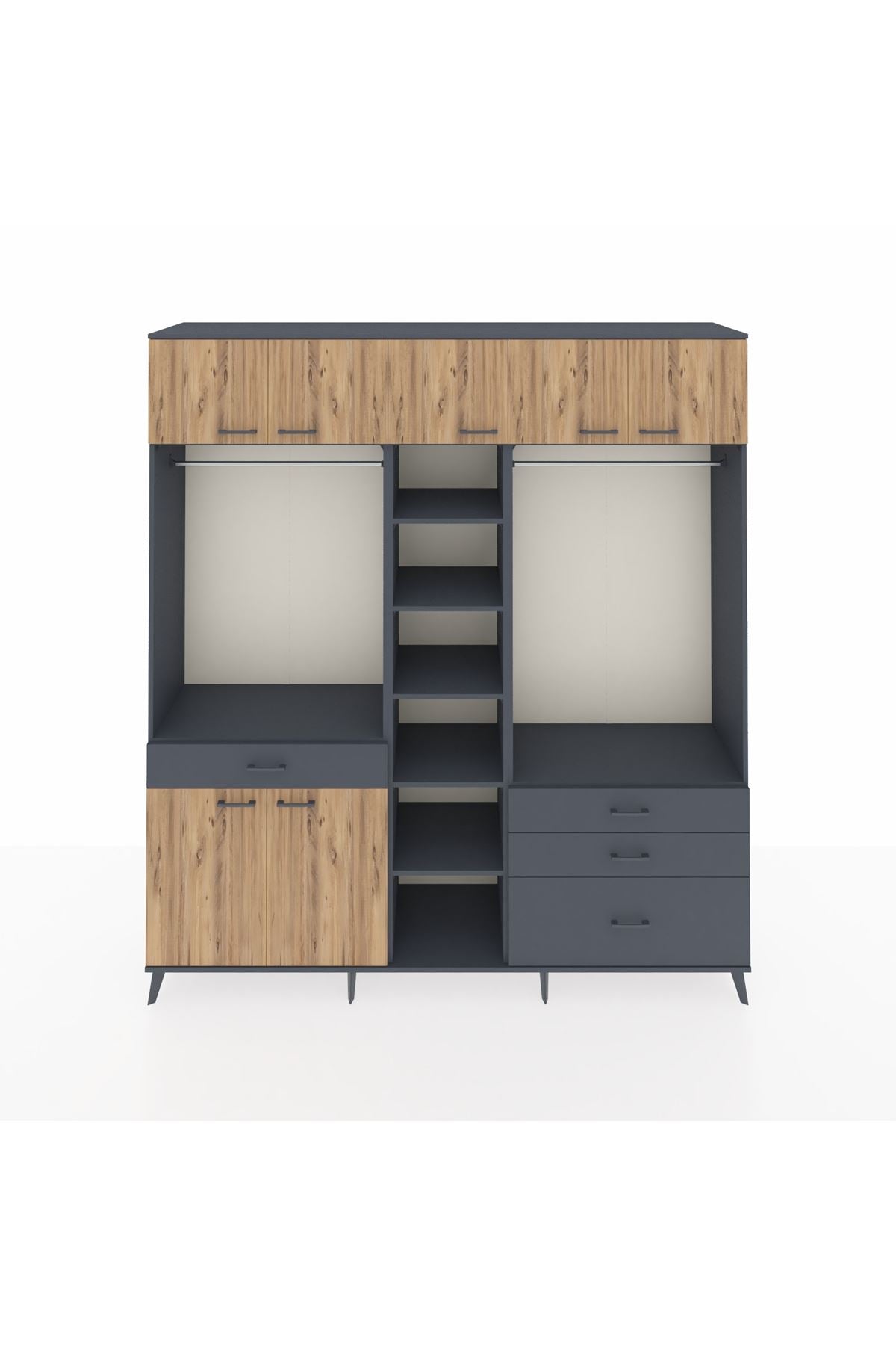 Hyperion Dolap 11 Raflı 4 Çekmeceli 2 Askılı 220x44x243 Antrasit-Çam/Antrasit