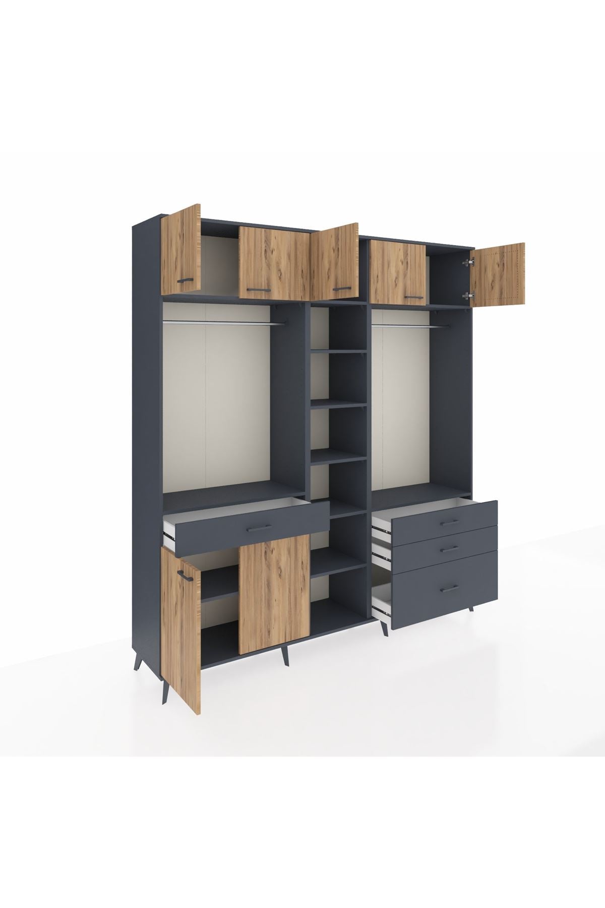 Hyperion Dolap 11 Raflı 4 Çekmeceli 2 Askılı 220x44x243 Antrasit-Çam/Antrasit