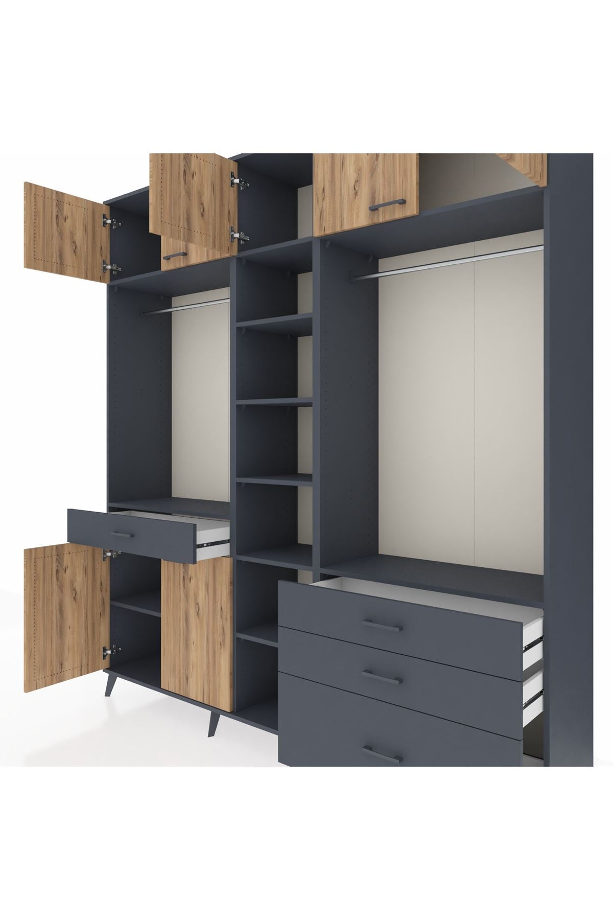 Hyperion Dolap 11 Raflı 4 Çekmeceli 2 Askılı 220x44x243 Antrasit-Çam/Antrasit